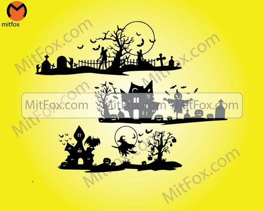 3 Halloween Scene svg, Scary Ghost Town Clipart, Horror Zombie Land Cut File, Haunted House Stencil, Spooky Cemetery dxf, Boo Full Moon png