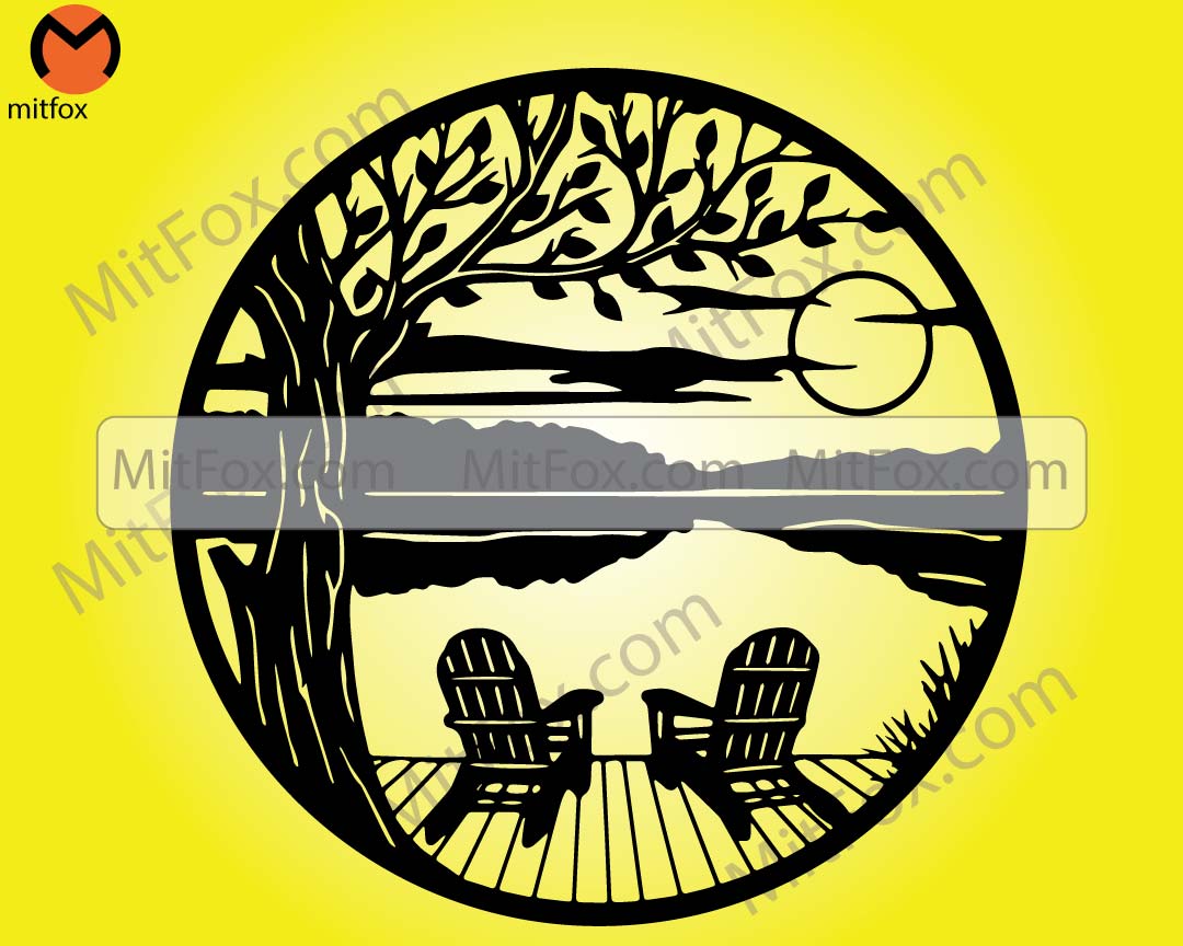 Tree with Chairs Dock on Lake Scene Sunset. Laser Cut Template. Lifestyle Scene. SVG files. Digital Clipart. Instant Download Digital File